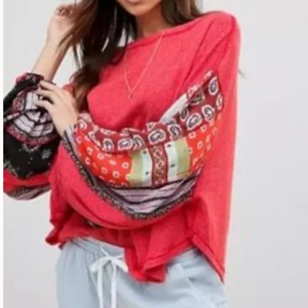 We The Free Red Waffle Knit Mix Media Blossom Baloin Sleeve Top